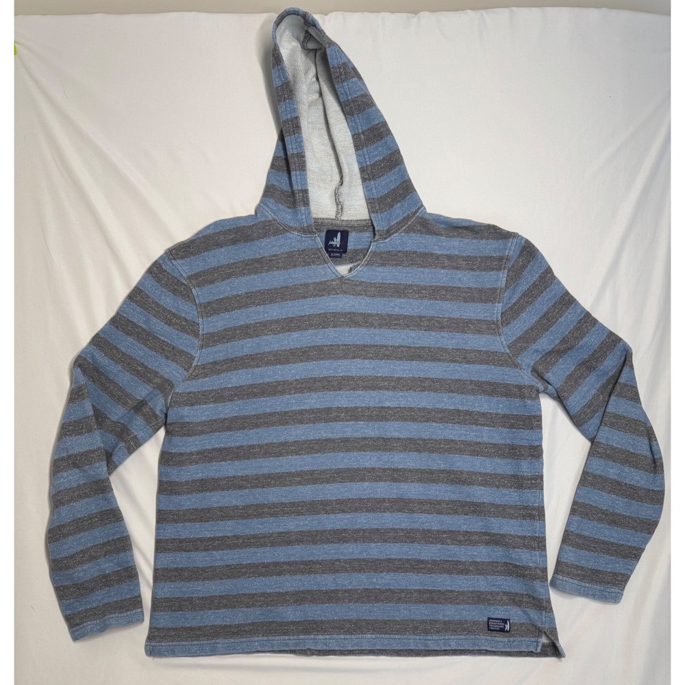 Johnnie-O Mens XL Blue Grey Striped Cotton Hoodie V-Neck Pullover Surfer Beach